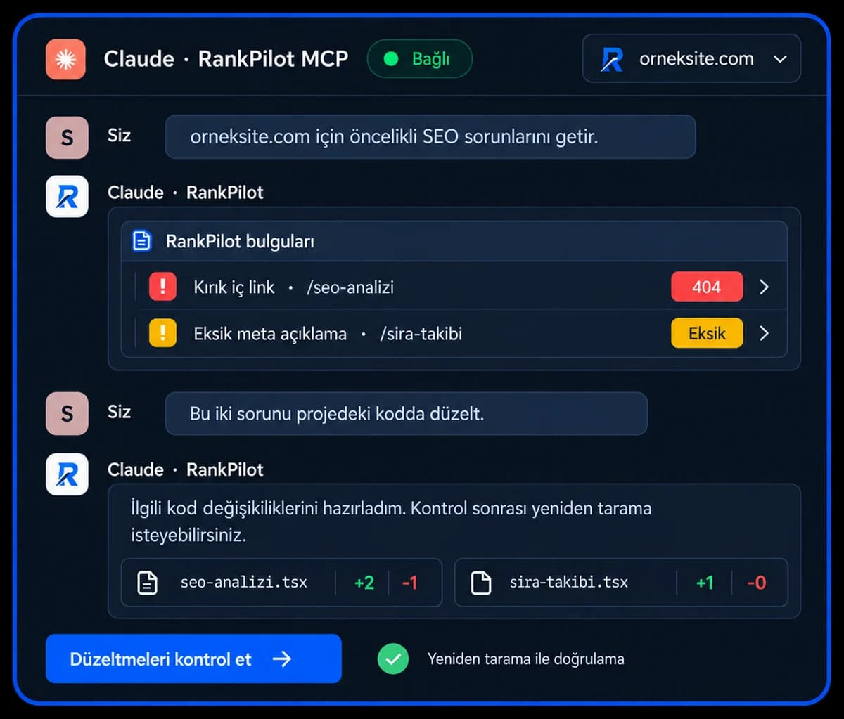 MCP entegrasyonu: Claude içinden RankPilot verisiyle SEO sorularının yanıtlanması